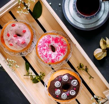 Some donuts with various topping Stock Photos