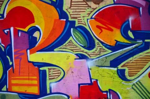 Some elements of a large and composite graffiti pattern on the wall, made wit Stock Photos