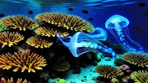 Some jellyfish glowing light and drive in dark sea under water view  under .. Stock Footage 318864310