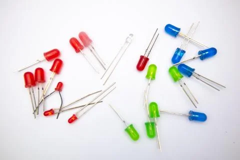 Some LEDs (Light Emitting Diode) are red, green, blue on a white background. Stock Photos