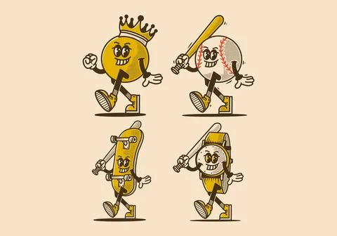 Some mascot characters of ball head, baseball ball, skate board and watch 스톡 일러스트