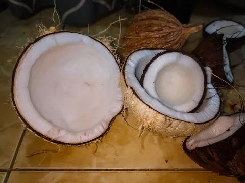 Some old coconuts that have been split Stock Photos