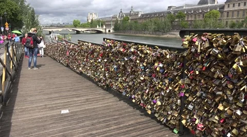 Some of padlocks on the Pont des Arts bridge (in 4k), Paris, France. Stock Footage 53831779