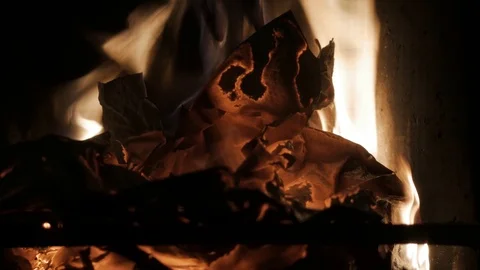 Some paper documents burning into a fireplace. Symbolic shot: destroying Stock Footage 122347819