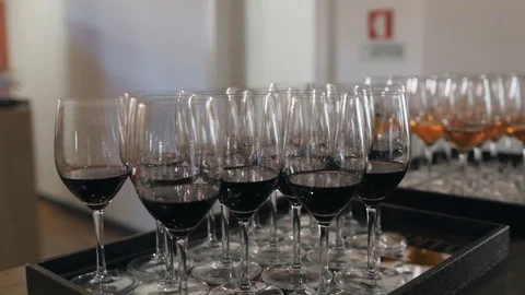 Some people are holding red wine cups in a wine tasting to see the wine Stock Footage