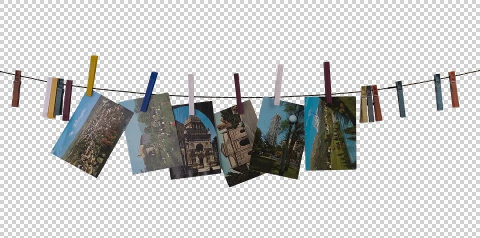 Some picture postcards hanging on the string Stock Illustration