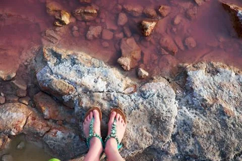 Some of the pitfalls with salt crust, being in pink water color. Las salinas Stock Photos