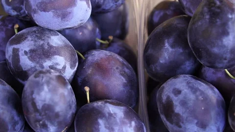Some Plums rotating on a slate slab Stock Footage 92332052