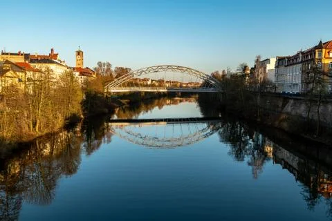 Some reflections of the beautiful bridge and city of Bamberg Stock Photos