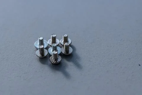Some small  screws lined up in the light with gray background Stock Photos