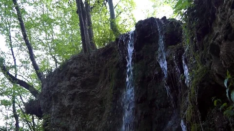 Some streams waterfall runs from cliff in dark forest Video stock 101611444