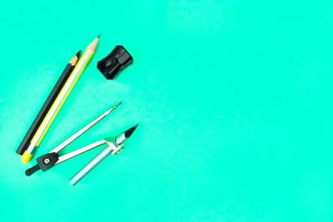 Some study materials containing two pencils ,pencil compass pencil crayon and Stock Photos