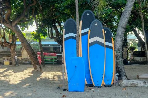 Some surfboard standing on the beach. Ready to rent Stock Photos