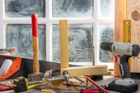 Some tools of carpenter in the workshop Stock Photos