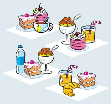 Some types of cakes, desserts, ice cream and drinks Stock Illustration