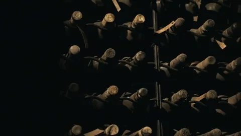 Some very old and dusty wine bottles in a wine cellar, porto, portugal Stock Footage 80727332