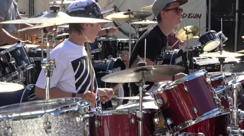 Some young guys at the same time playing the drums, Riga, Latvia Vídeo Stock 65022235