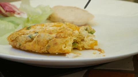 Someone eats omelet with fork in restaurant. Fried eggs with vegetables. Yummy Video stock 116754830