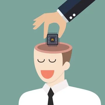 Someone hand put AI processing chip into human brain Illustrazione stock