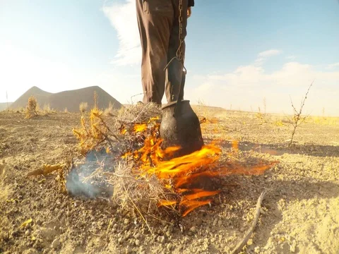 Someone is heating tea in a kettle at the stake from a dry grass on the Stock Footage 77879787