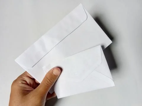 Someone holding a white envelope, in the background. Foto stock