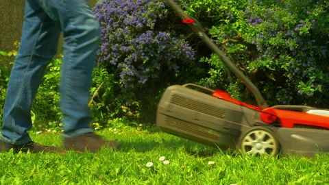 Someone pushing a cordless mower, from left to right over grass in the sunshine. Video stock 241508129