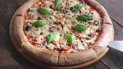 Someone  take delicious pizza slice with stretching cheese close up Stock Footage 120496599