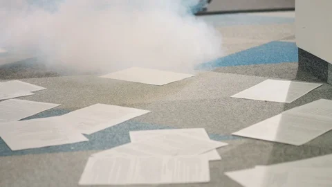 Something smoking in modern office. Documents throwing on floor. Monitor falling Video stock 85626337