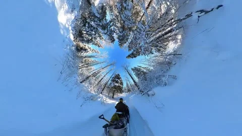 Somewhat bizarre view of a snowmobile captured with a 360-degree camera. Stock Footage 266915014