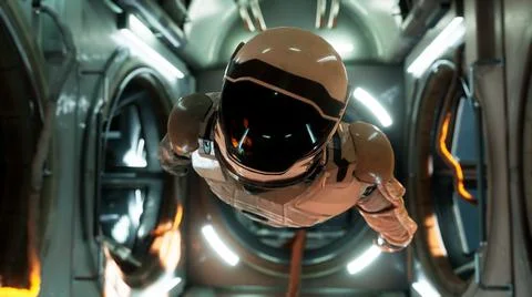 Somewhere in distant space, an astronaut hovers inside his spaceship. 3D Stock Illustration