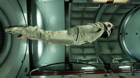 Somewhere in distant space, an astronaut hovers inside his spaceship. 3D Stock Illustration