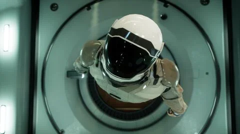 Somewhere in distant space, an astronaut hovers inside his spaceship. 3D Stock Illustration