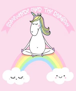 Somewhere over the rainbow - funny unicorn drawing. Stock Illustration