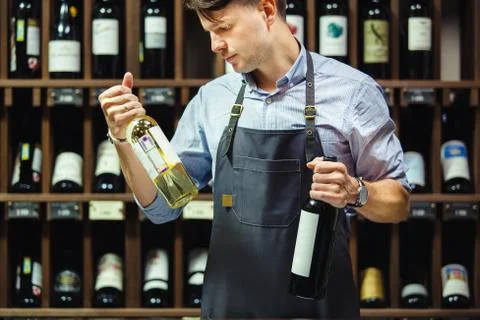 Sommelier choosing between two bottles of red and white wine Stock-Fotos