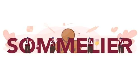Sommelier typographic header concept. Man with a bottle of grapea Illustrazione stock