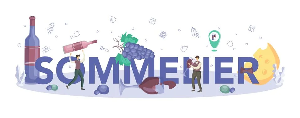 Sommelier typographic header. Man with a bottle of grape wine Stock Illustration
