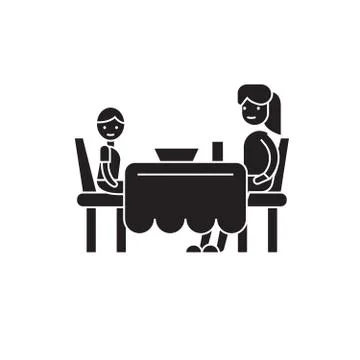 Son and mom having dinner black vector concept icon. Son and mom having dinner Illustrazione stock