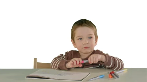 A son drawing at the table at home on white background isolated Vídeo Stock 58631420