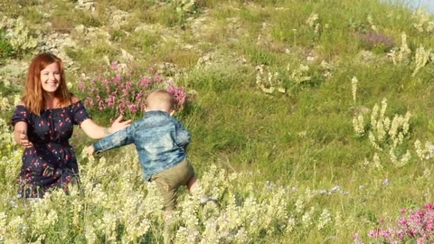 The son goes to mum on a high grass Stock Footage 76864449