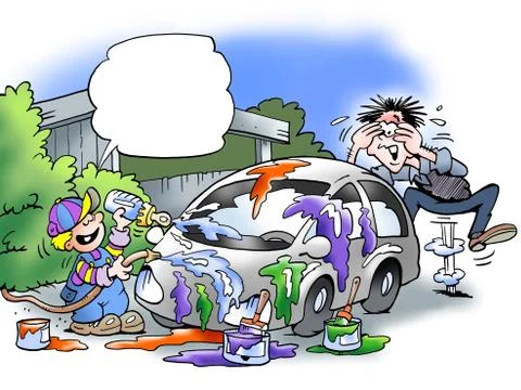 The Son is proud he has painted father's car Stock Illustration