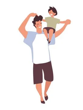Son sits on dad s shoulder, card for father s day. A man walks with a child Stock Illustration
