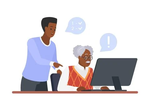 Son training father to work or study with computer, young guy teaching with love 스톡 일러스트