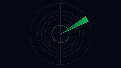Sonar radar scanning interface with green sweep beam and concentric circles Stock Footage 345554547