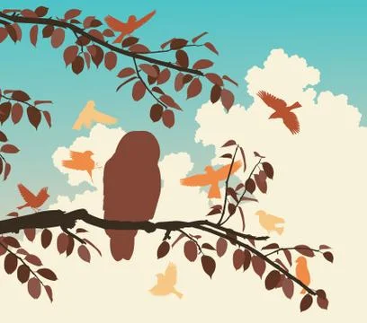 Songbirds mobbing owl Stock Illustration