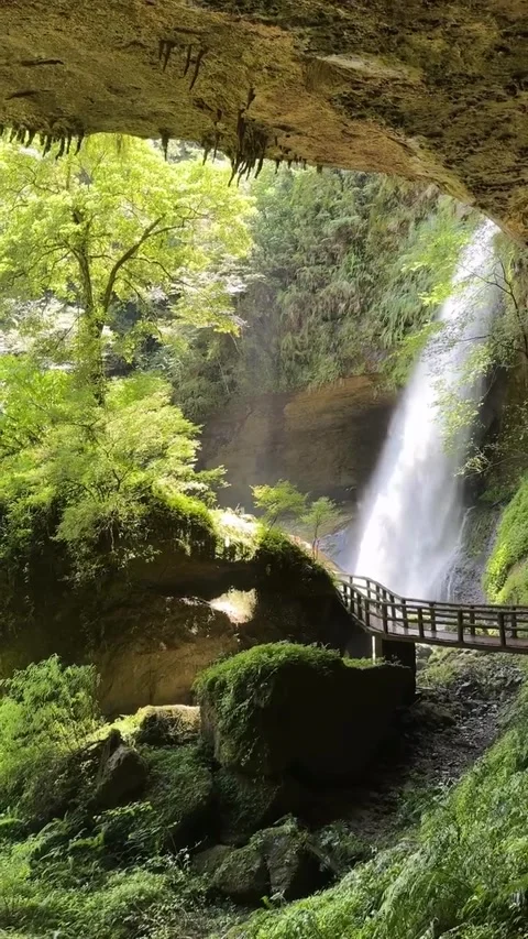 Songlong Rock Waterfall Framed by Cavern Overhang and Bridge Stock Footage 339775950