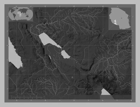Songwe, Tanzania. Grayscale elevation map with lakes and rivers Stock Illustration