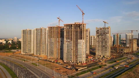 Сonstruction site with cranes on building construction. Видео 156632159