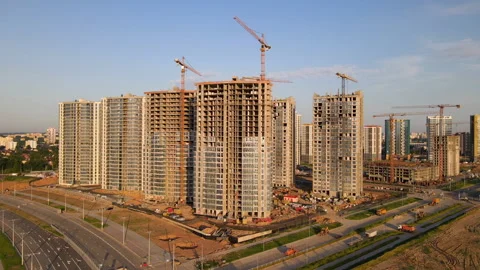 Сonstruction site with cranes on building construction. Видео 156632370