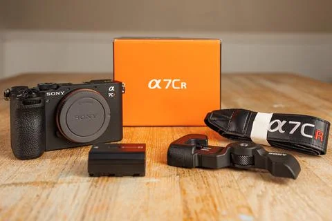 Sony Alpha 7CR Mirrorless Camera Complete Box Contents Flat Lay with Body C.. Stock Photos