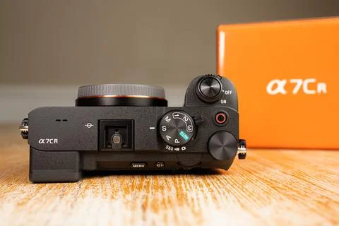 Sony Alpha 7CR Mirrorless Camera Top View Showing Mode Dial, Control Dials,.. Stock Photos